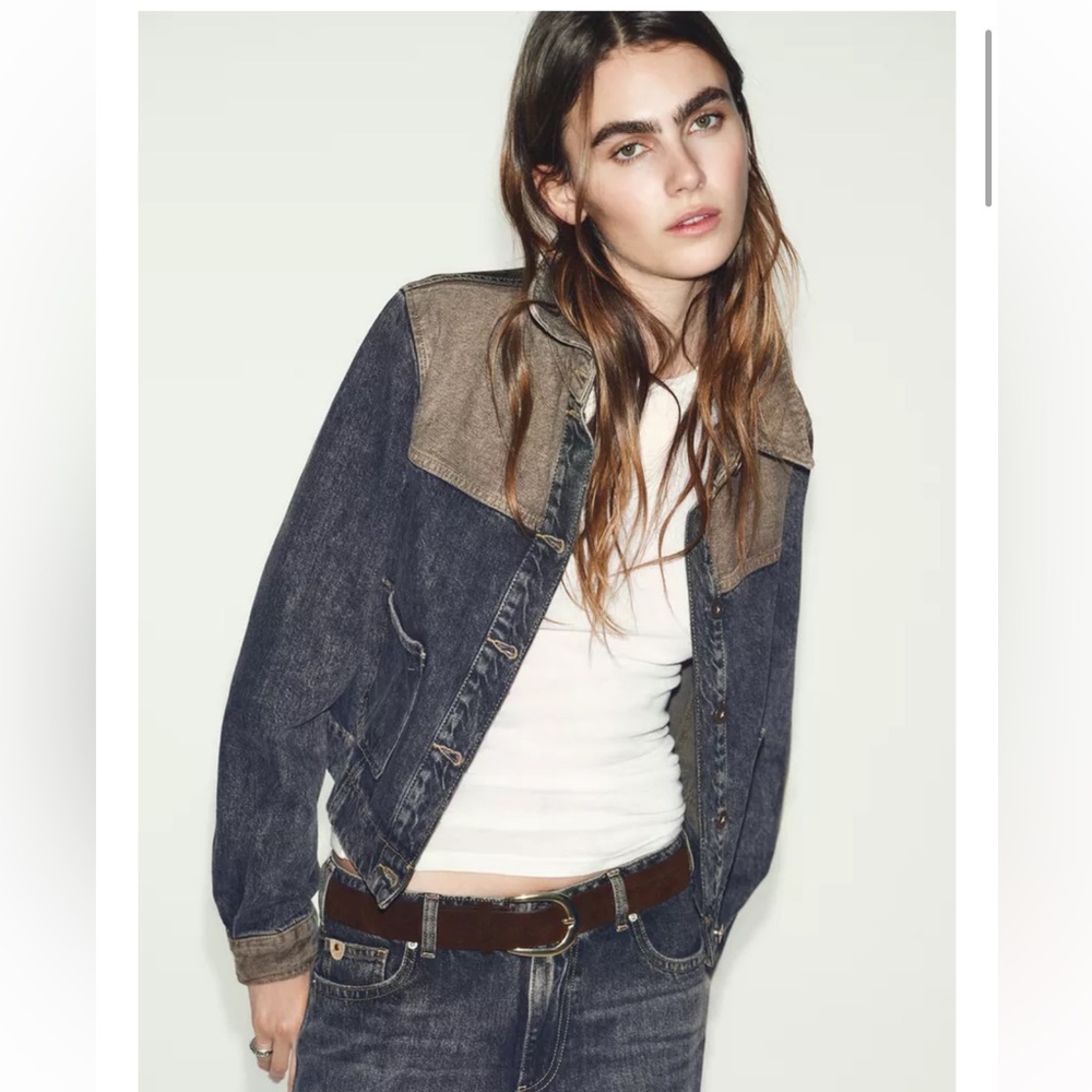 Zara Z1975 Combined Denim Jacket Tan Black Colorblock Cropped Trucker Women S